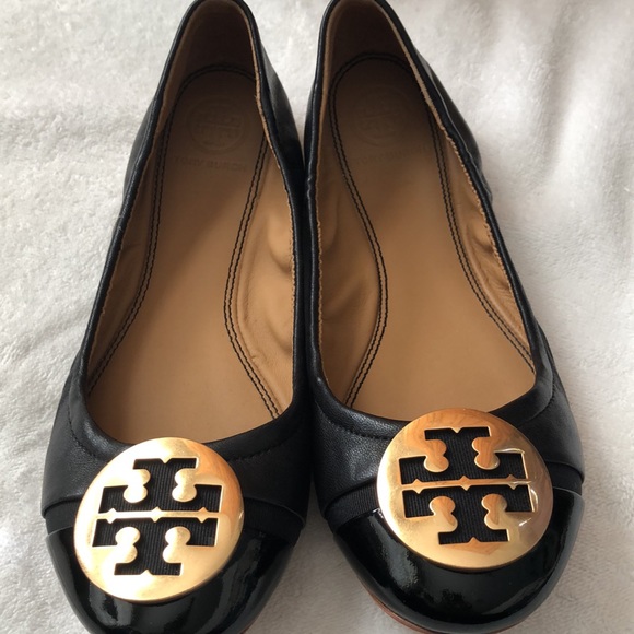 Tory Burch Shoes - Tory Burch Black Leather Flats with Gold Logo Medallions